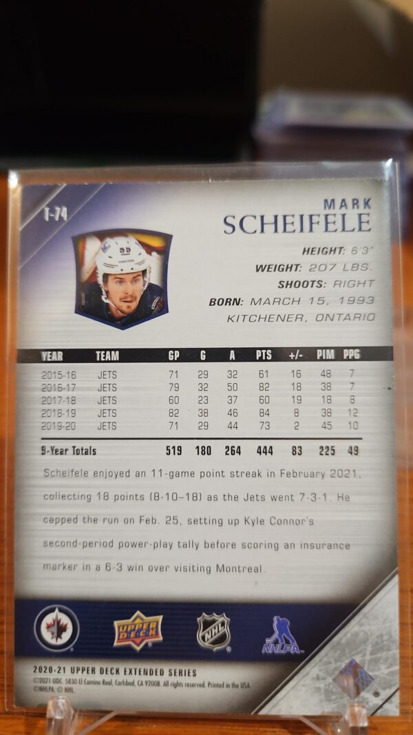 2020 20-21 UD EXTENDED 05-06 TRIBUTE BASE WINNIPEG JETS MARK SCHEIFELE #T-74 - Image 2