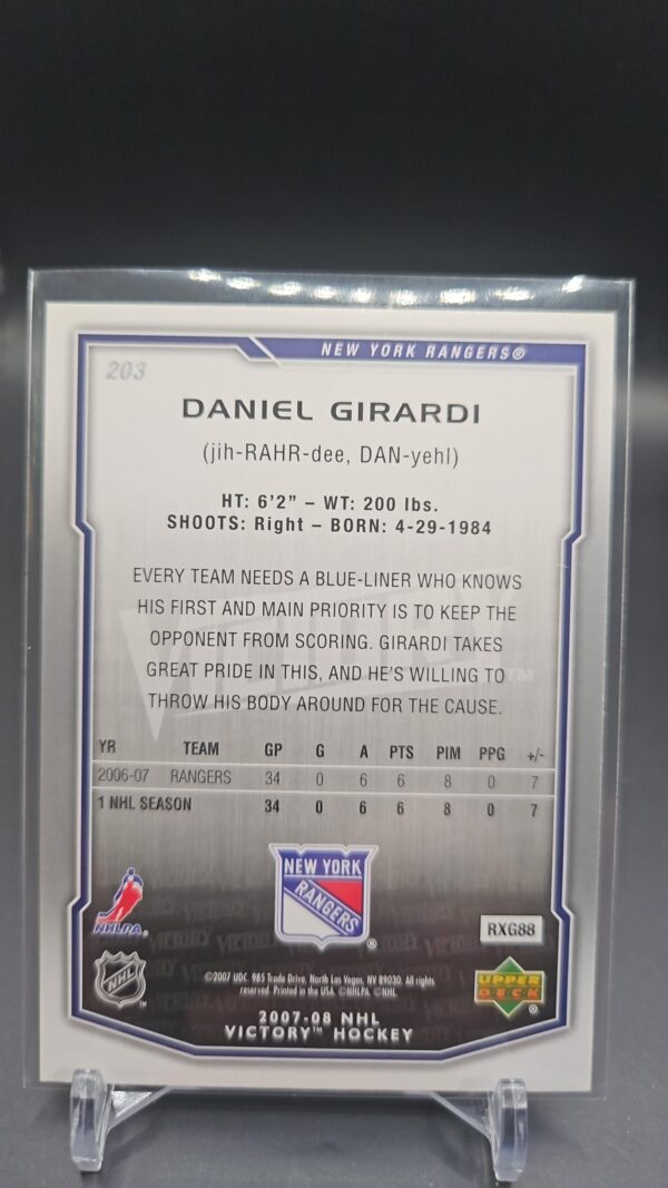2007-08 Upper Deck Victory Daniel Girardi Rookie New York Rangers #203 - Image 2