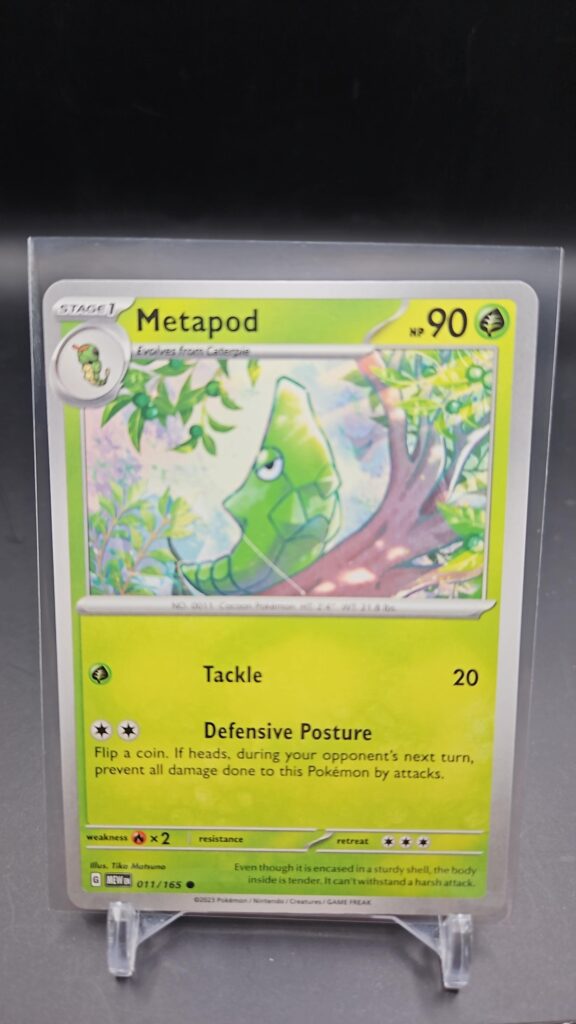 Front face of Metapod 011/165 Common card from the English Pokémon Scarlet & Violet 151 base set