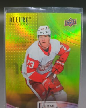 2021-22 Upper Deck Allure Rainbow Yellow/Green Lucas Raymond rookie card #R-6, Mint condition, Detroit Red Wings, top collectible NHL rookie card.