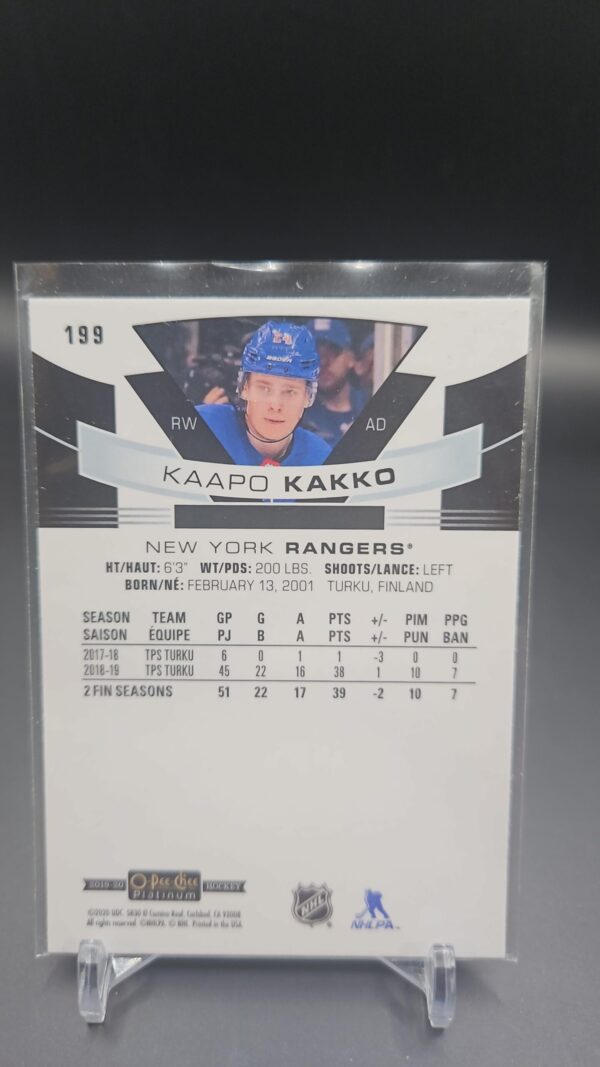 2019 19-20 OPC O-PEE-CHEE PLATINUM MARQUEE ROOKIES RANGERS KAAPO KAKKO #199 - Image 2