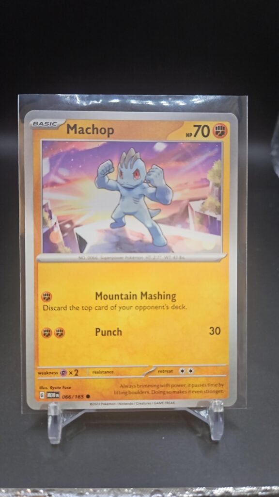Standard non-holo Machop card from the Pokémon Scarlet and Violet 151 trading card game expansion set showing a silver border, Fighting-type icon, 70 HP, and Mountain Chop attack.