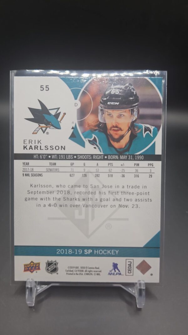 2018-19 UPPER DECK SP HOCKEY ERIK KARLSSON BLUE PARALLEL - Image 2