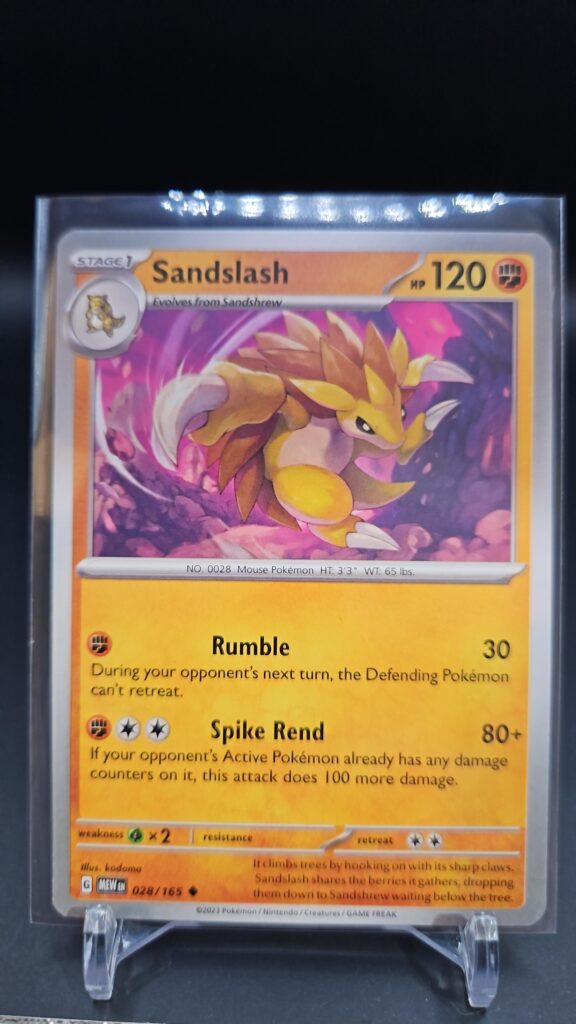 Standard non-holo Sandslash card from the Pokémon Scarlet and Violet 151 trading card game expansion set showing a silver border, Fighting-type icon, 120 HP, Earthquake attack, and Spike Shell attack.