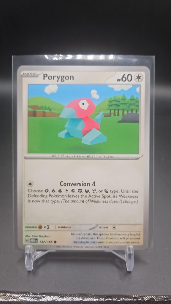 Front face of Porygon 137/165 Common card from the English Pokémon Scarlet & Violet 151 base set