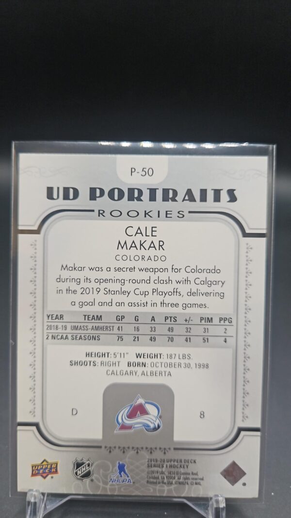 Cale Makar 2019-20 UD Series 1 Portraits Rookie Card #P-50 Colorado Avalanche - Image 2