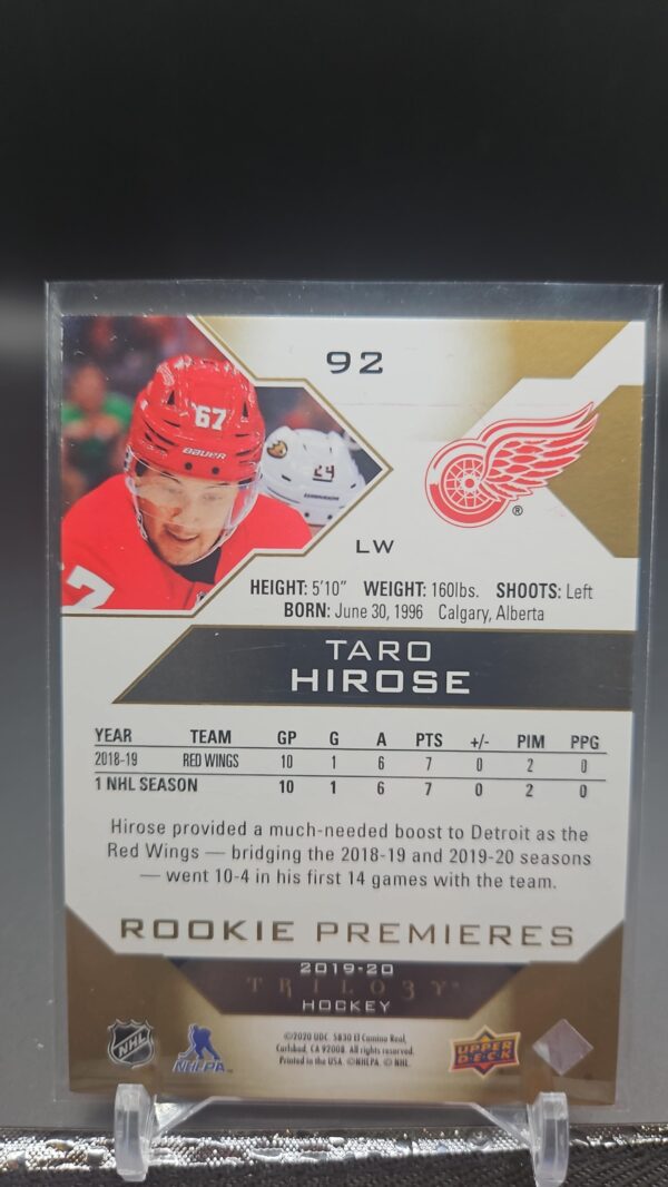 2019-20 Upper Deck Trilogy Premieres Level 2 /499 Taro Hirose #92 Rookie RC - Image 2