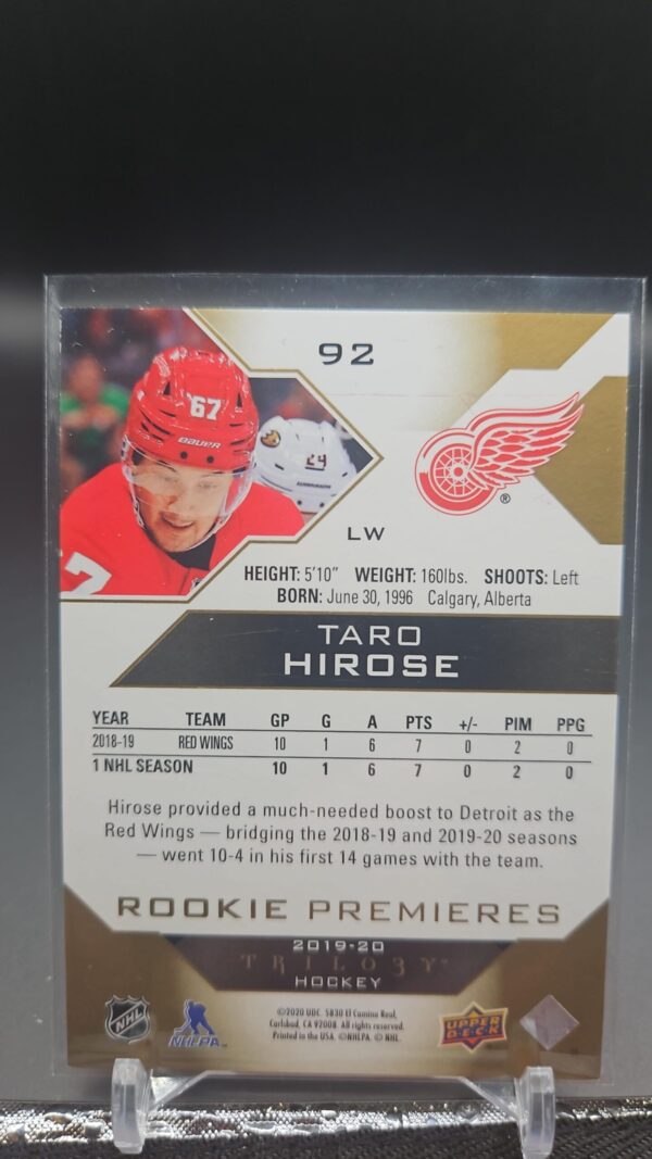 2019-20 Upper Deck Trilogy Premieres Level 2 /499 Taro Hirose #92 Rookie RC - Image 2