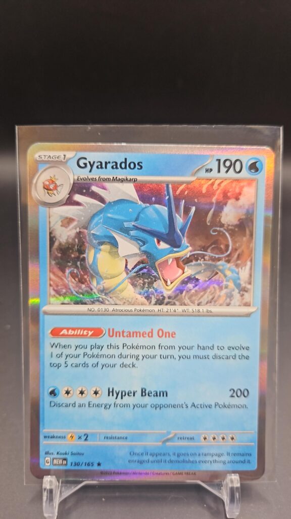 Front face of Gyarados 130/165 Holo Rare card from the English Pokémon Scarlet & Violet 151 base set