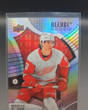 2021-22 Upper Deck Allure Rookies Red Rainbow /199 rookie card #130 featuring Moritz Seider of the Detroit Red Wings, a limited and highly collectible card sought after by NHL fans and rookie card collectors.