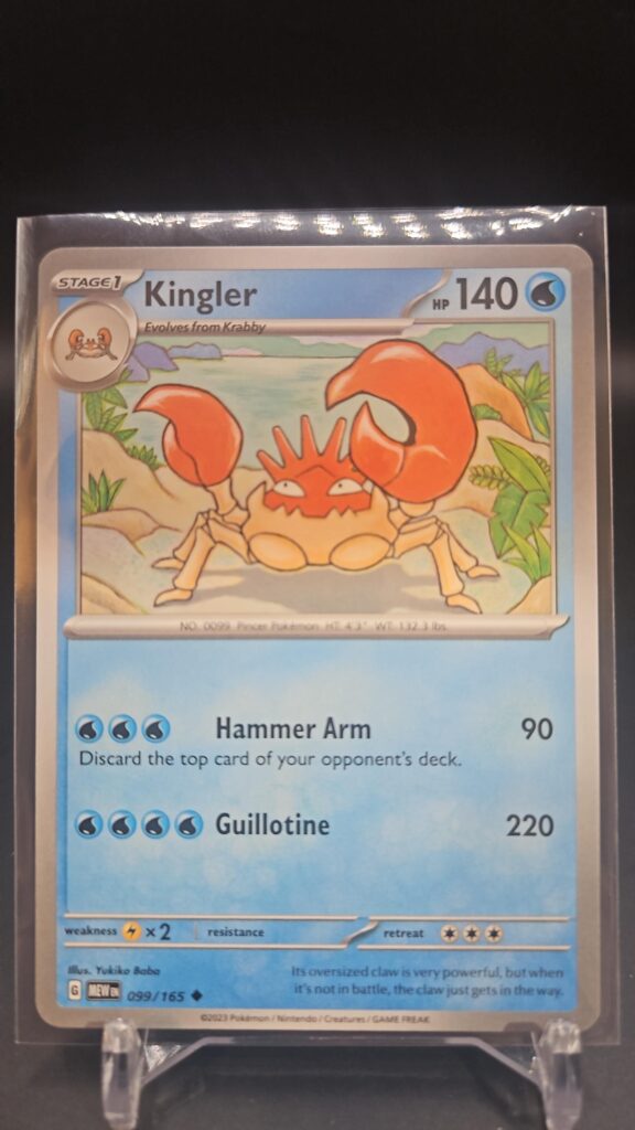 Standard non-holo Kingler card from the Pokémon Scarlet and Violet 151 trading card game expansion set showing a silver border, Water-type icon, 140 HP, Pincer Offensive attack, and Crabhammer attack.