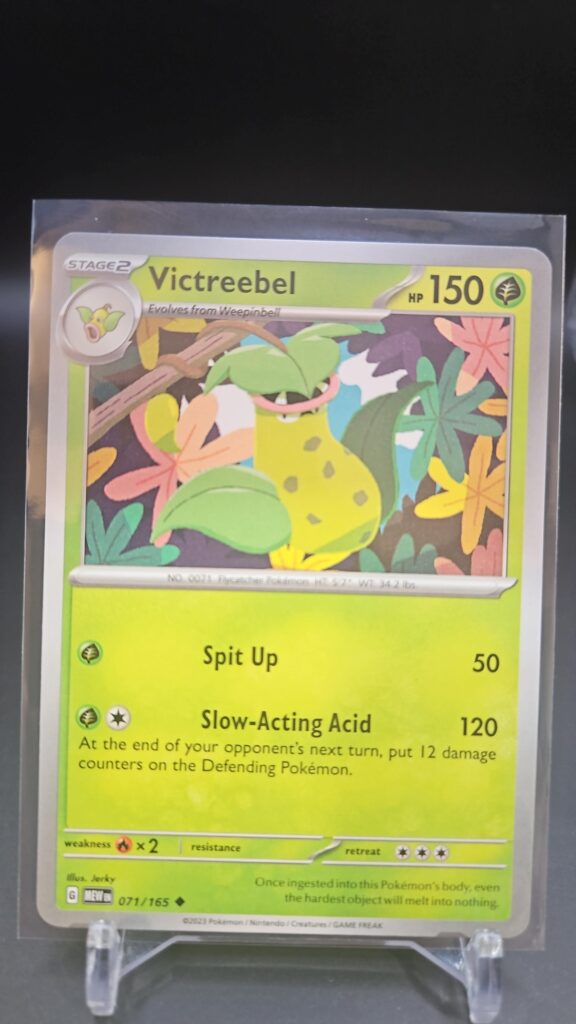 Standard non-holo Victreebel card number 071/165 from the Pokémon Scarlet and Violet 151 trading card game expansion set showing a silver border, Grass-type icon, 150 HP, Fragrant Trap ability, and Vine Whip attack.