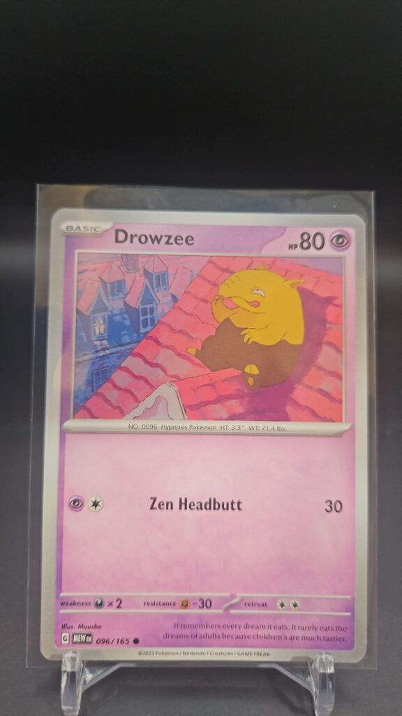 Standard non-holo Drowzee card from the Pokémon Scarlet and Violet 151 trading card game expansion set showing a silver border, Psychic-type icon, 70 HP, Slap attack, and Zen Headbutt attack.