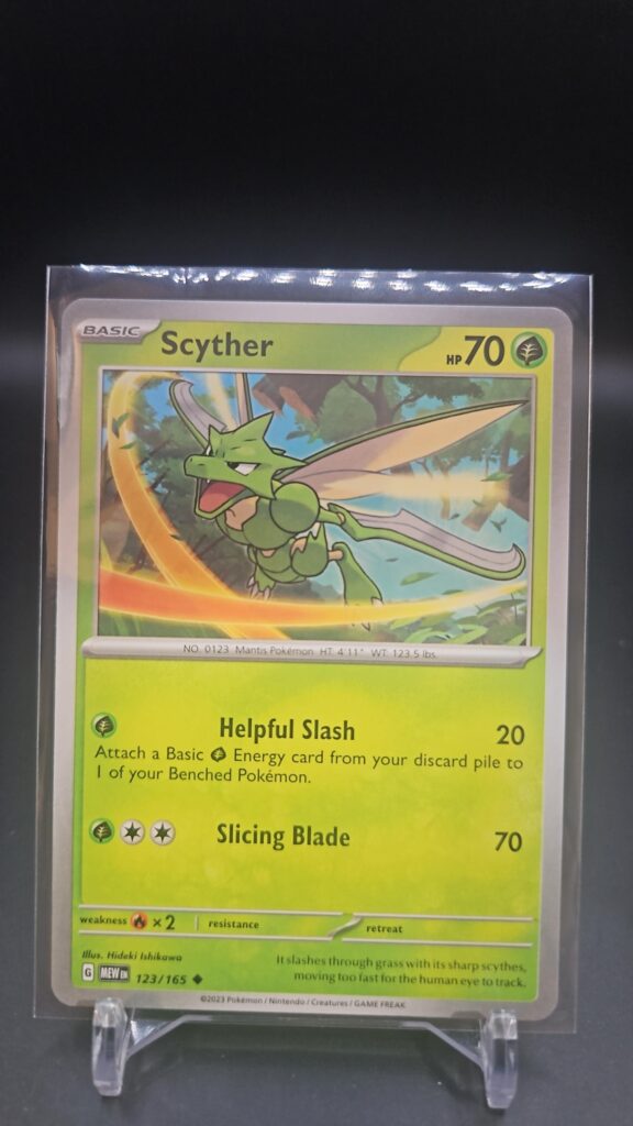Standard non-holo Scyther card from the Pokémon Scarlet and Violet 151 trading card game expansion set showing a silver border, Grass-type icon, 90 HP, Agility attack, and Scythe Slash attack.