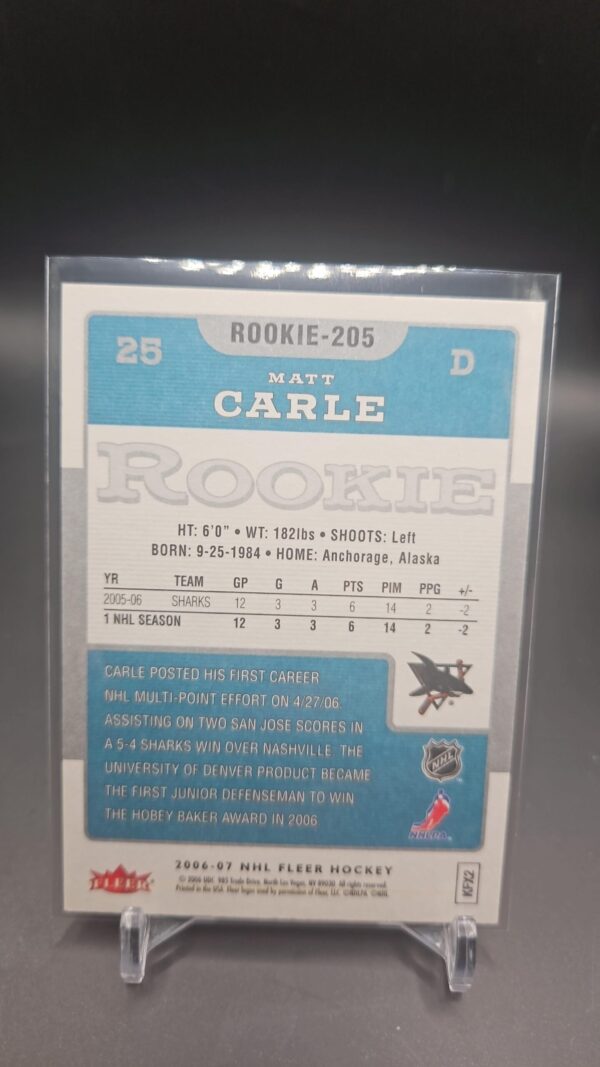 2006-07 Fleer Matt Carle Rookie San Jose Sharks #205 - Image 2