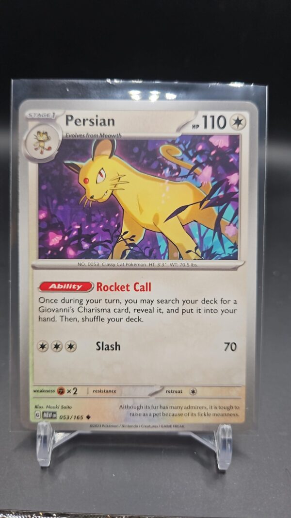 Persian 053/165 from Scarlet & Violet 151, English Pokémon card, uncommon rarity, featuring elegant artwork and collector value