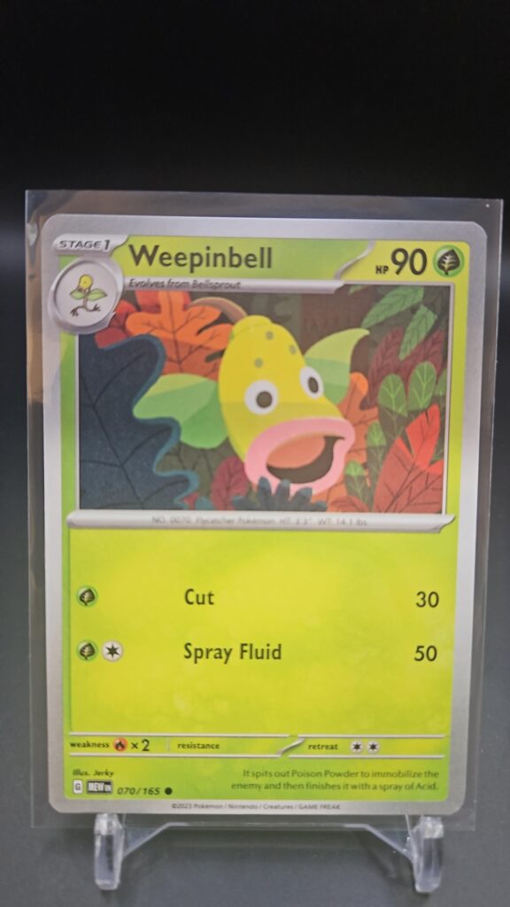 Front face of Weepinbell 070/165 Uncommon card from the English Pokémon Scarlet & Violet 151 base set