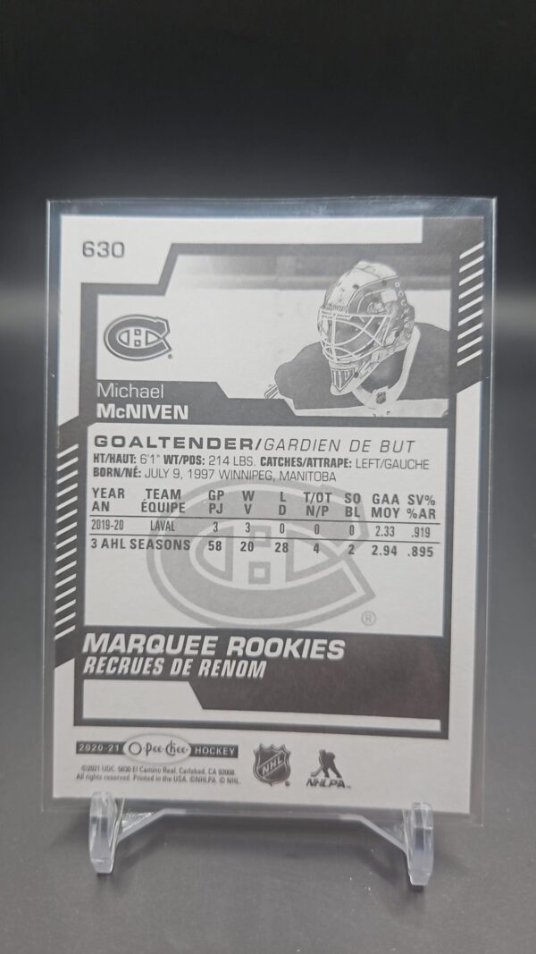 Michael McNiven 2020-21 NHL O-Pee-Chee Marquee Rookies #630 Montrael Canadiens - Image 2