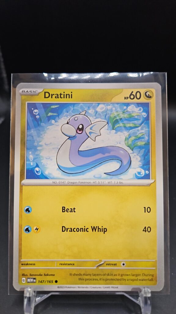 Dratini 147/165 from Scarlet & Violet 151, English Pokémon card, common rarity, featuring elegant artwork and collector appeal