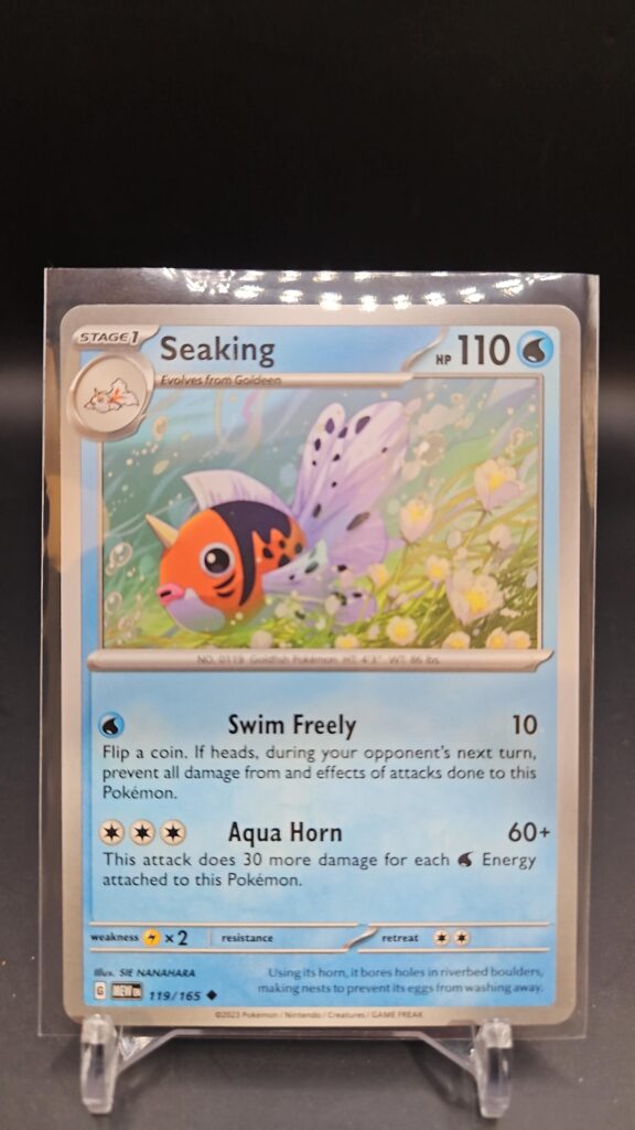Standard non-holo Seaking card from the Pokémon Scarlet and Violet 151 trading card game expansion set showing a silver border, Water-type icon, 110 HP, Swim Freely attack, and Water Jet attack.