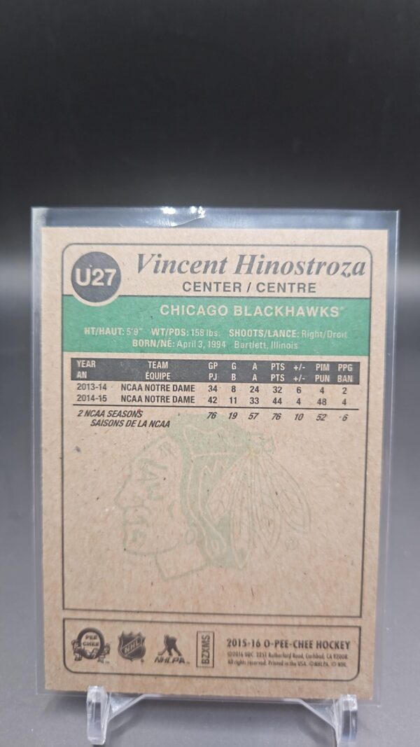 2015-16 O-Pee-Chee Retro Vincent Hinostroza Rookie #U27 Chicago Blackhawks - Image 2
