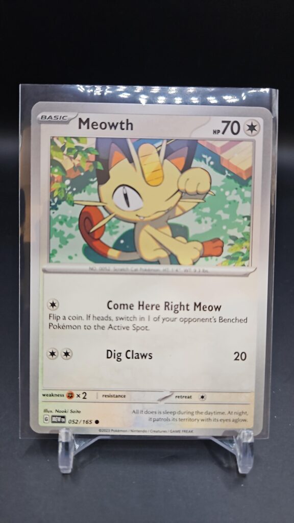 Standard non-holo Meowth card from the Pokémon Scarlet and Violet 151 trading card game expansion set showing a silver border, Colorless-type icon, 70 HP, and Pay Day attack.
