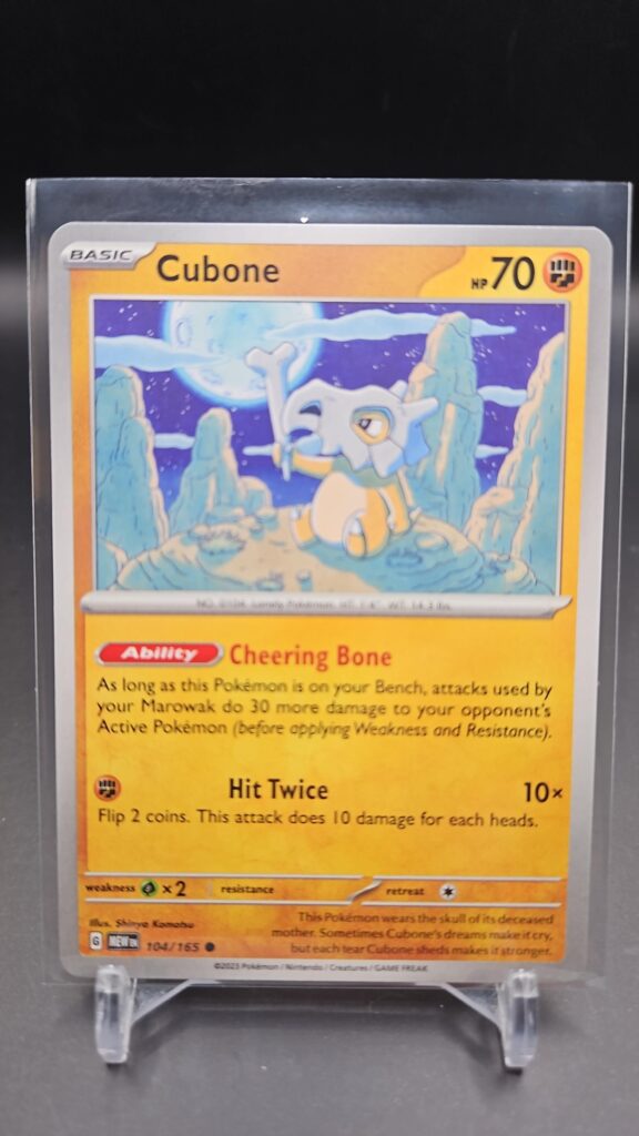 Cubone 104/165 from Scarlet & Violet 151, English Pokémon card, common rarity, featuring Cubone’s unique artwork and collector appeal