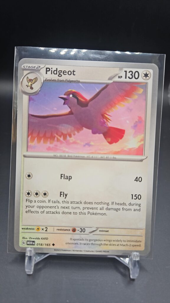 Front face of Pidgeot 018/165 Rare card from the English Pokémon Scarlet & Violet 151 base set