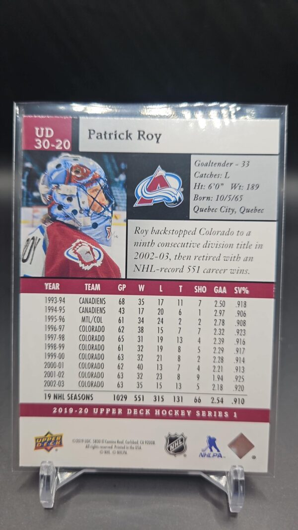 2019-20 UD Series 1 30 Years of UD #UD30-20 Patrick Roy - Image 2