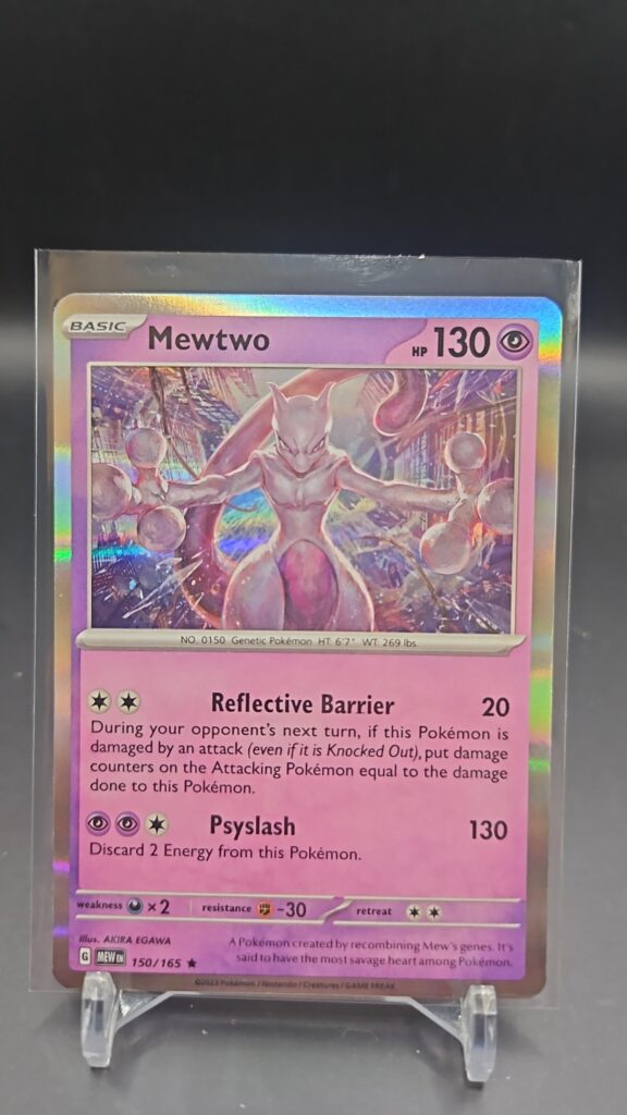 Front face of Mewtwo 150/165 Holo Rare card from the English Pokémon Scarlet & Violet 151 base set