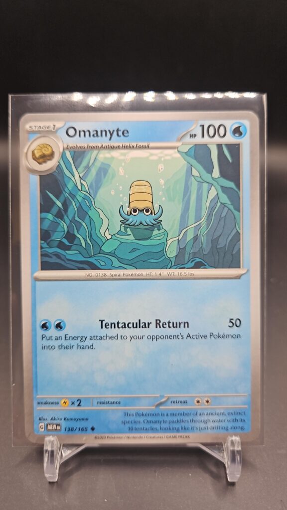 Standard non-holo Omanyte card from the Pokémon Scarlet and Violet 151 trading card game expansion set showing a silver border, Water-type icon, 80 HP, and Water Gun attack.