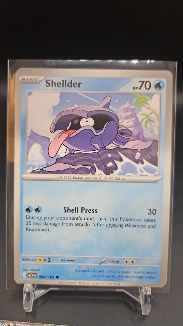 Shellder 090/165 from Scarlet & Violet 151, English Pokémon card, common rarity, featuring playful artwork and collector appeal