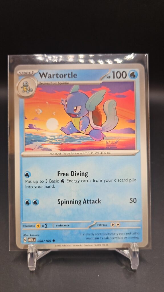 Standard non-holo Wartortle card from the Pokémon Scarlet and Violet 151 trading card game expansion set showing a silver border, Water-type icon, 100 HP, Free Diving attack, and Hydro Splash attack.