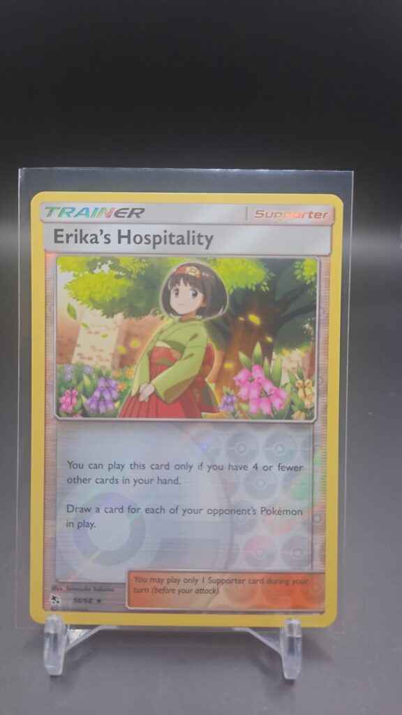 Erika’s Hospitality 56/68 Reverse Holo Pokémon card from Hidden Fates set, showing Gym Leader Erika with holographic finish, collectible TCG card
