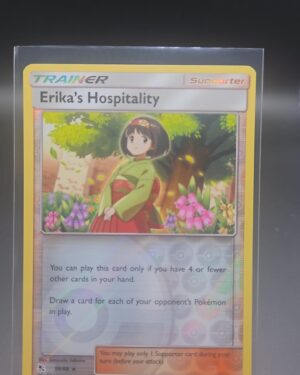 Erika’s Hospitality 56/68 Reverse Holo Pokémon card from Hidden Fates set, showing Gym Leader Erika with holographic finish, collectible TCG card