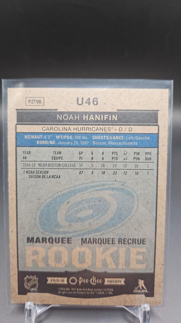 2015-16 O-Pee-Chee Marquee Rookie Noah Hanifin #U46 Carolina Hurricanes - Image 2