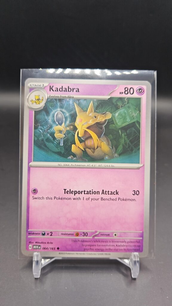 Standard non-holo Kadabra card from the Pokémon Scarlet and Violet 151 trading card game expansion set showing a silver border, Psychic-type icon, 80 HP, and Teleportation Burst attack.