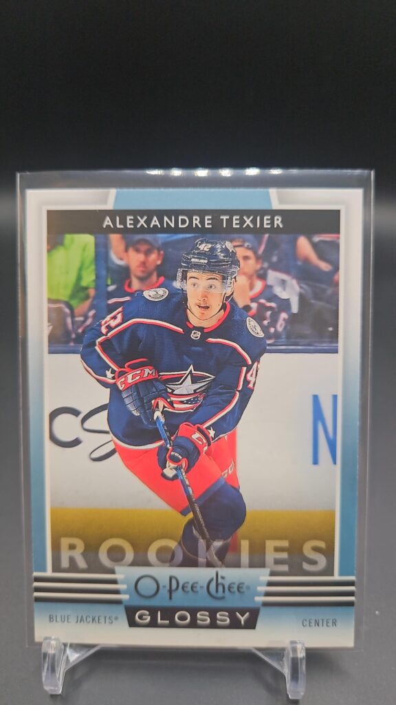 2019-20 Upper Deck OPC Glossy Rookies Blue Alexandre Texier #R7, Blue Jackets rookie card, OPC Glossy Blue RC, NHL rookie, Upper Deck hockey