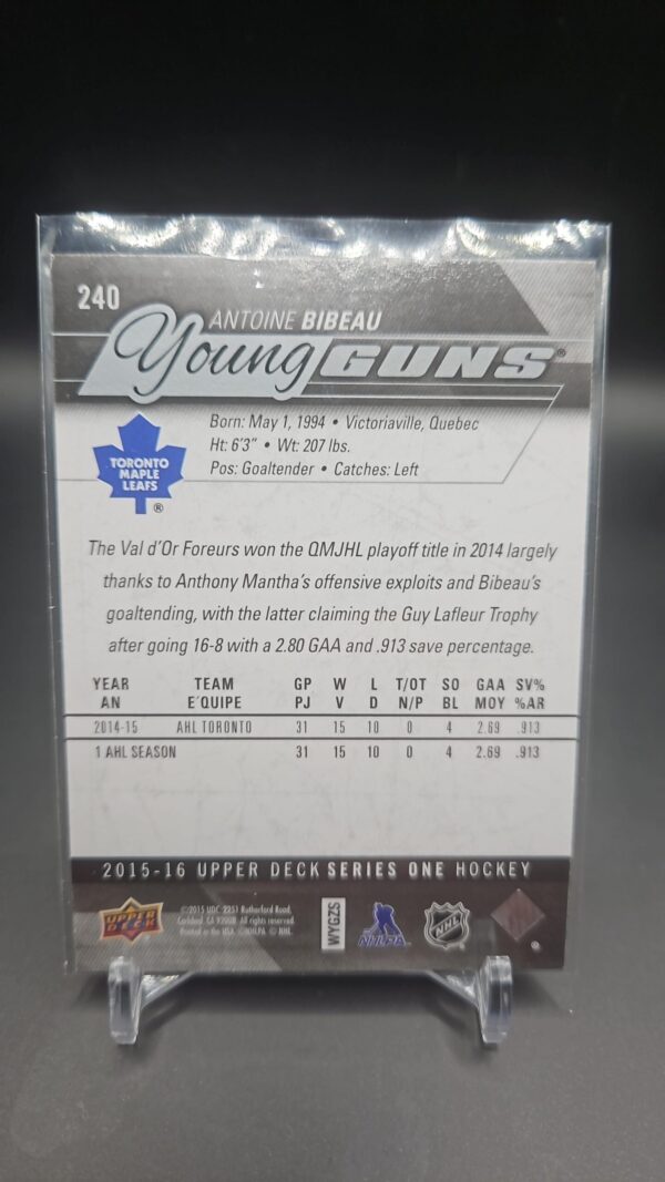 2015-16 Upper Deck Young Guns Rookie RC Antoine Bibeau #240 - Image 2