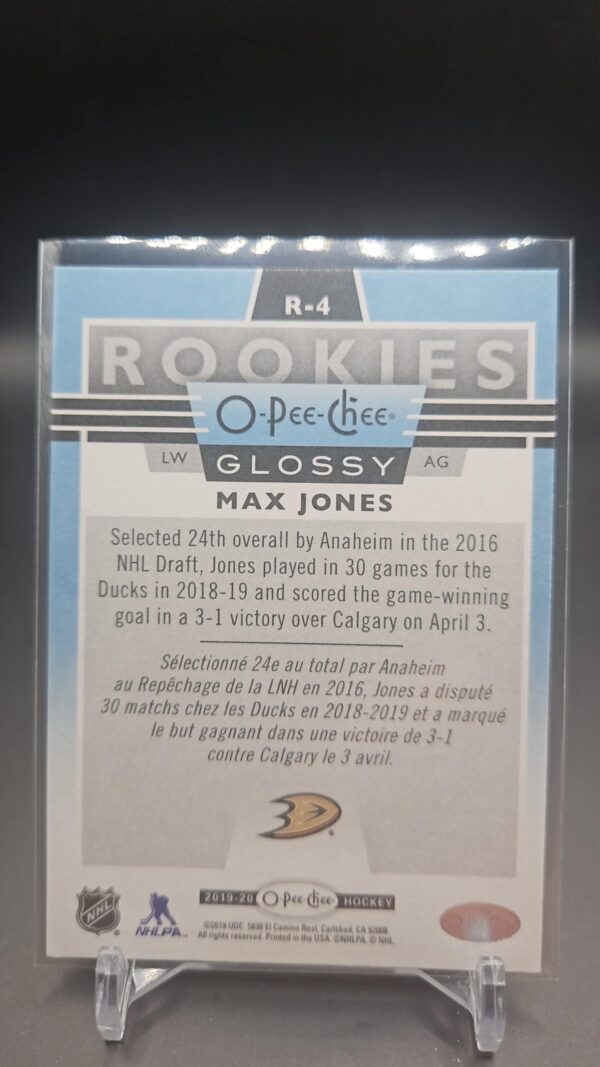 2019-20 Upper Deck O-Pee-Chee Glossy Rookies Blue Max Jones Anaheim Ducks #R-4 - Image 2