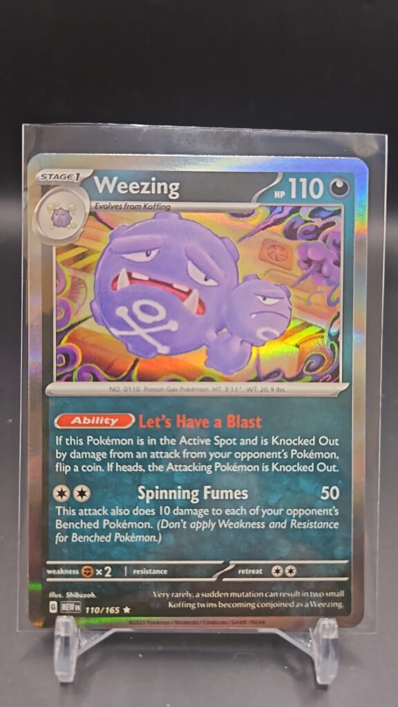 Front face of Weezing 110/165 Holo Rare card from the English Pokémon Scarlet & Violet 151 base set
