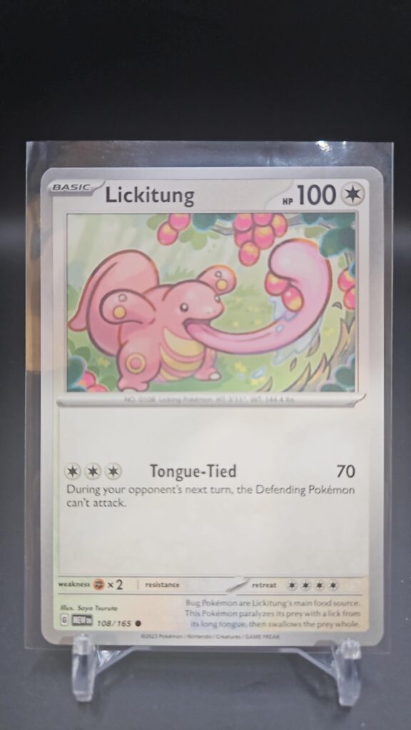 Standard non-holo Lickitung card from the Pokémon Scarlet and Violet 151 trading card game expansion set showing a silver border, Colorless-type icon, 100 HP, and Tongue Whip attack.