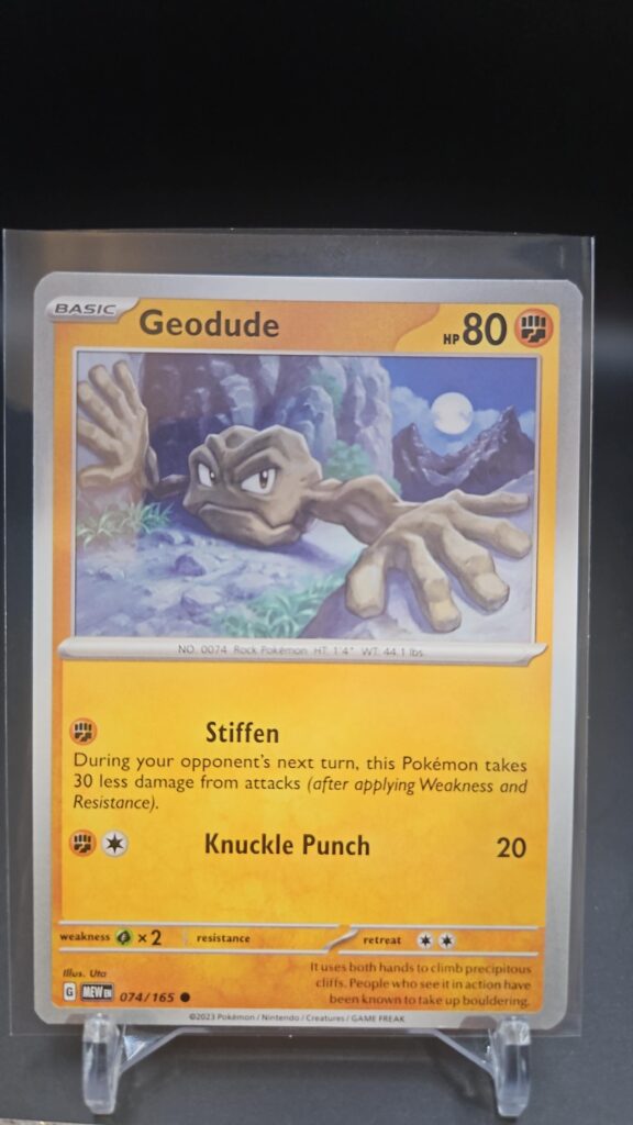 Standard non-holo Geodude card from the Pokémon Scarlet and Violet 151 trading card game expansion set showing a silver border, Fighting-type icon, 80 HP, Rock Along attack, and Punch attack.
