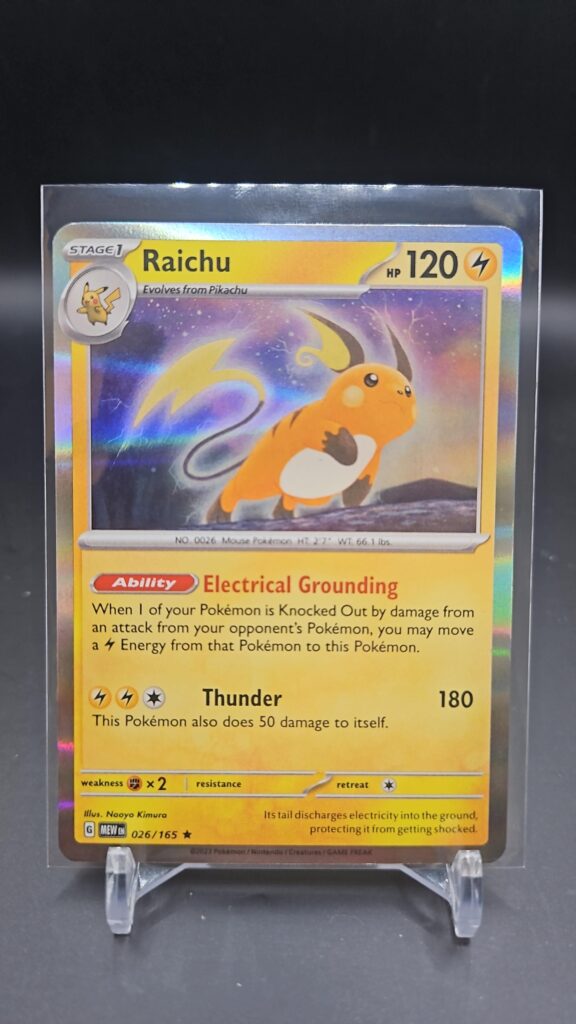 Front face of Raichu 026/165 Holo Rare card from the English Pokémon Scarlet & Violet 151 base set