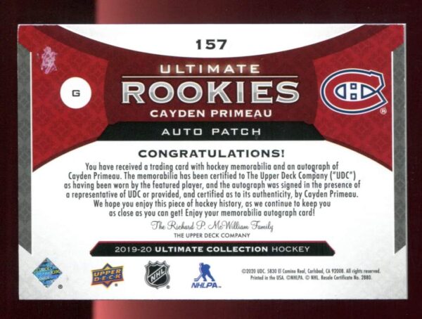 2019-20 ULTIMATE Rookies CAYDEN PRIMEAU #157 /99 AUTO ROOKIE PATCH - Image 2