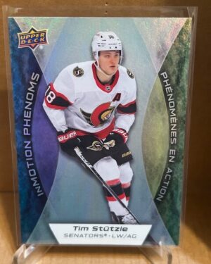 Tim Stutzle Immotion Phenoms #MP-15 Upper Deck Tim Hortons 10th Edition NHL hockey insert card, ideal for collectors and prospect investors.