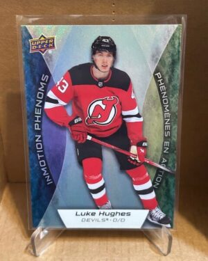 Luke Hughes Immotion Phenoms #MP-2 Upper Deck Tim Hortons 10th Edition NHL hockey insert card, ideal for collectors and prospect investors, shown in protective condition.