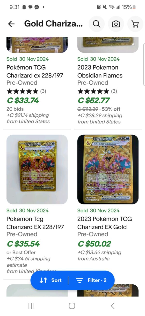 Gold Charizard ex 228/197 Obsidian Flames Holo Full Art Pokémon - Image 3