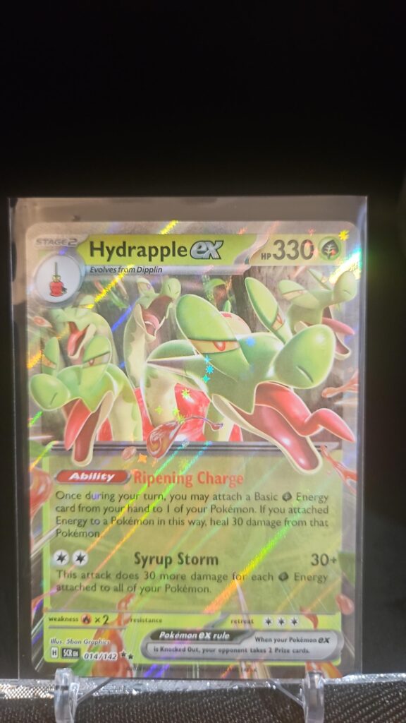 Pokémon TCG Hydrapple ex 14/142 Stellar Crown Double Rare Holo card displayed in near mint condition, showcasing detailed double rare design and holographic finish for collectors.