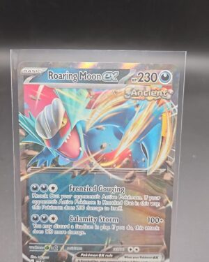 Pokémon TCG Roaring Moon ex 124/182 Paradox Rift Double Rare card displayed in near mint condition, showcasing double rare design and holographic finish for collectors.